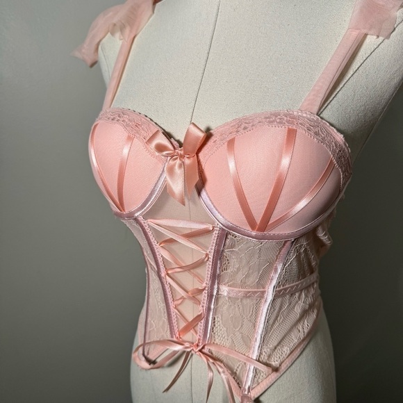 NEW coquette ladies pink lace and tulle corset tie up sleeve M - Picture 4 of 7